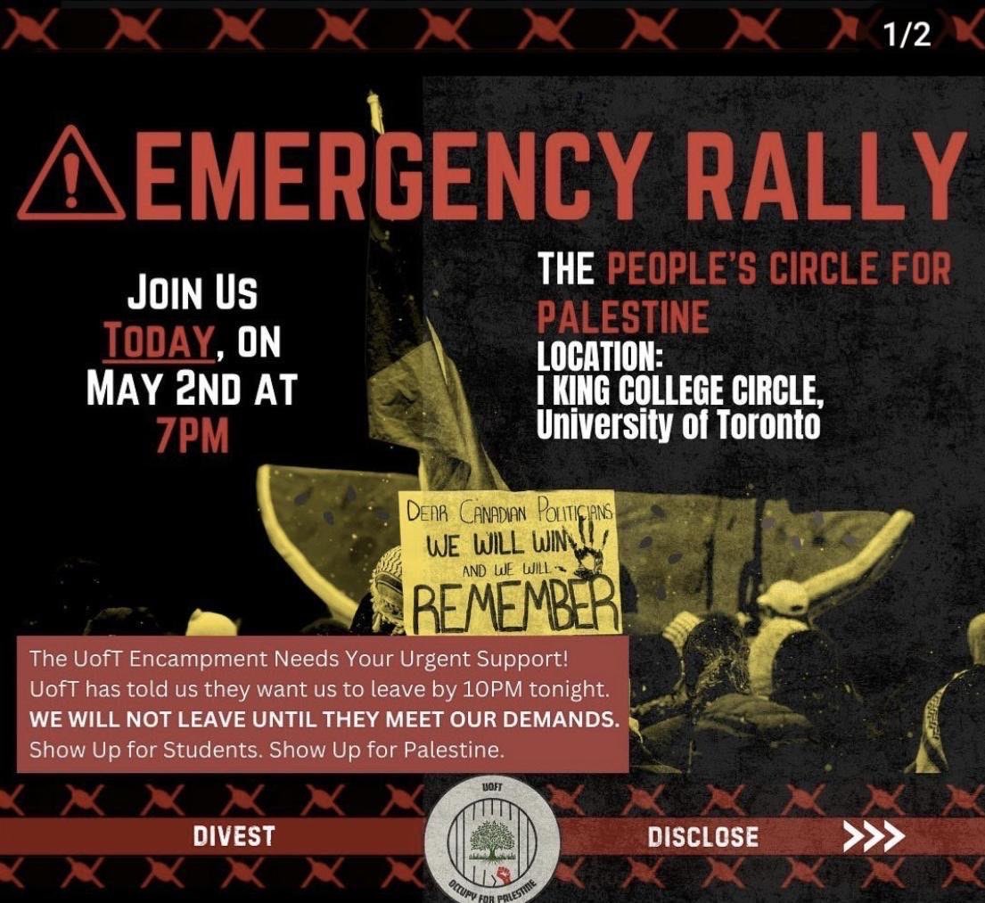 ⛺️ TORONTO: The People's Circle For Palestine (formerly King's College Circle) has been liberated by @occupyuoft as of 4 a.m.! 🚨 SHOW UP NOW to defend the encampment from zionist violence. ✊ At 7, there will be an EMERGENCY RALLY to address threats of escalation from @UofT.