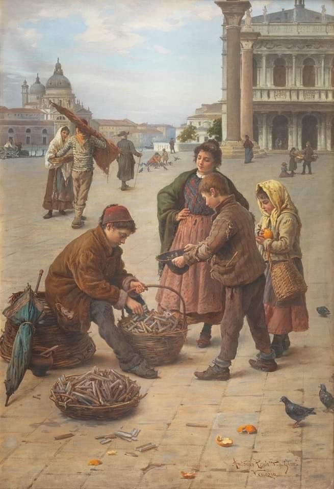 Antonio Ermolao Paoletti (1834-1912)

Peintre italien 

Vendeurs ambulants sur la Piazza San Marco, Venise