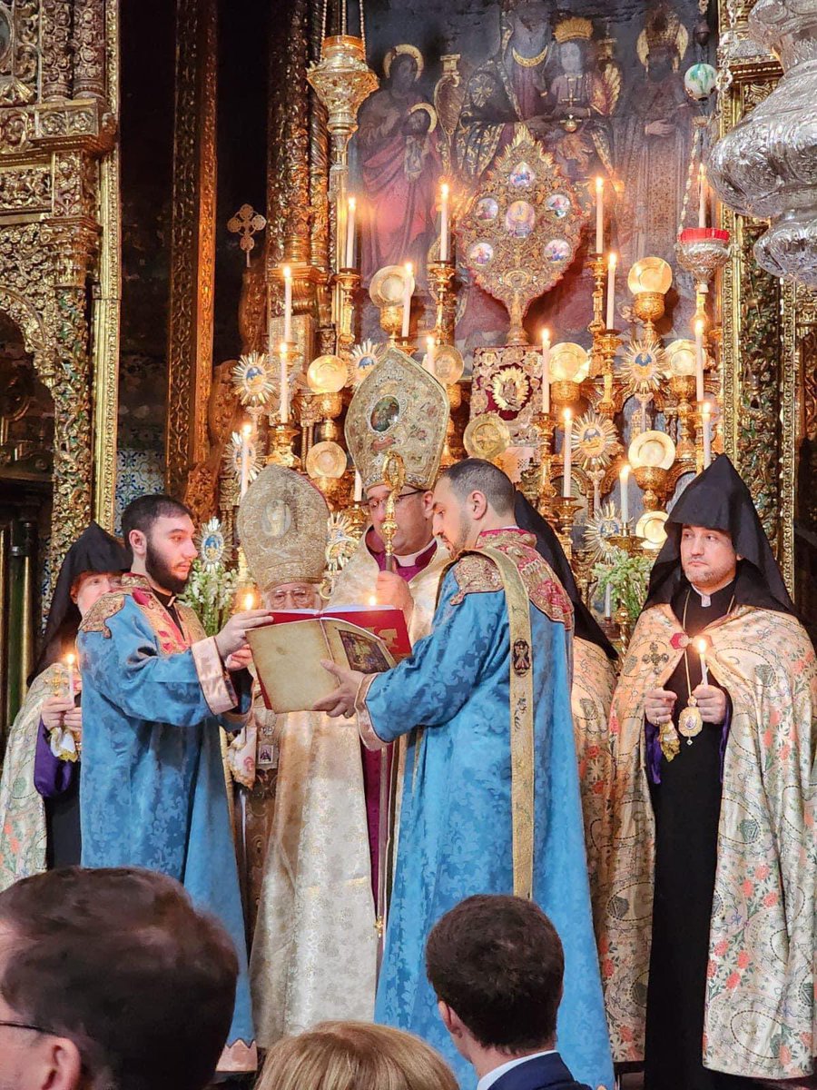 The Most Rev. Hosam Naoum, Anglican Archbishop of Jerusalem, reads the Gospel at the Armenian Maundy Thursday service.