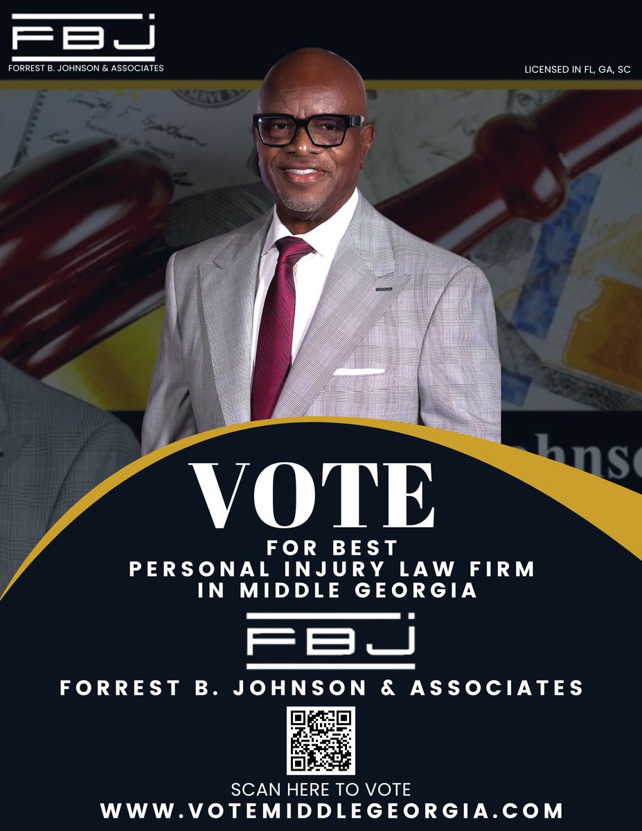 Excited to share that Forrest B. Johnson & Associates is up for Best Personal Injury Firm & Best Law Firm! Your support means the world. Vote daily at votemiddlegeorgia.com. Let's bring home the win! #VoteForrestBJohnson #BestOfMiddleGeorgia 🗳️📷