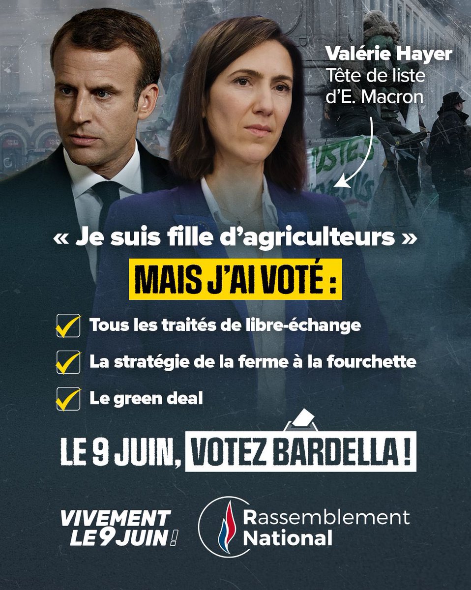 Sur les plateaux parisiens, @ValerieHayer prétend défendre les agriculteurs. Au Parlement européen, la Macronie les poignarde dans le dos.
Le 9 juin, votez @J_Bardella pour défendre nos terroirs et l'agriculture française ! 🇫🇷

#DebatBFMTV #VivementLe9Juin