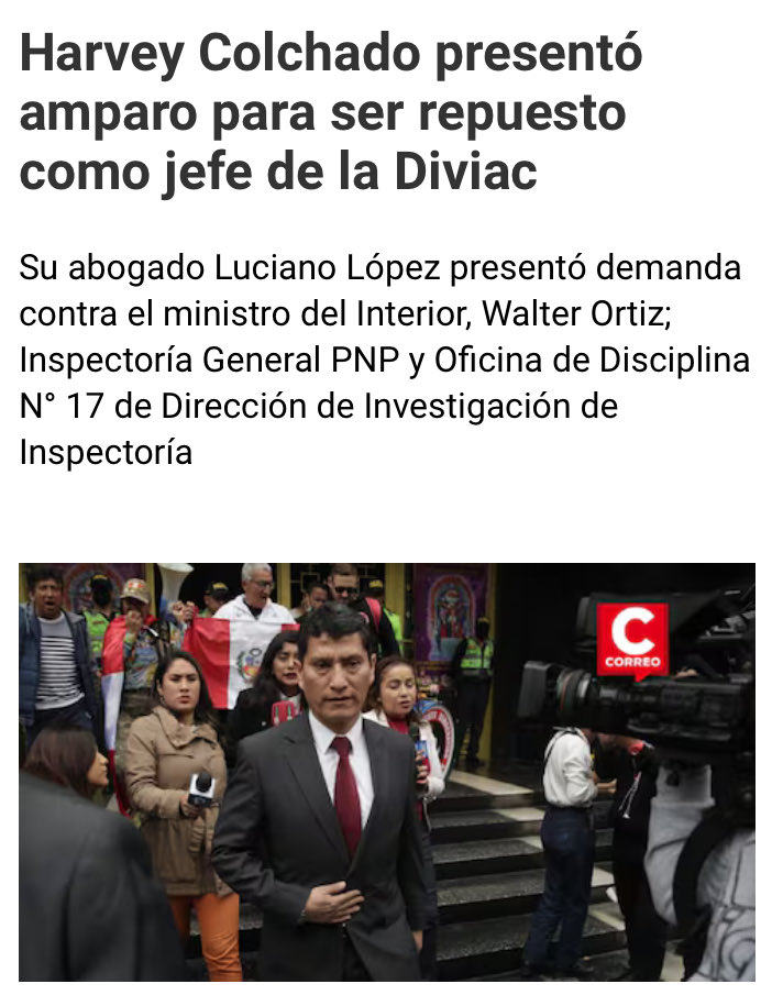 HARVEY RECARGADO: coronel PNP Harvey Colchado presentó demanda de amparo ante PJ con el fin de de anular suspensión como jefe de DIVIAC que le impuso Inspectoría de PNP. La policía es una institución jerarquizada y se deben acatar decisiones. Se pretende quebrar cadena de mando?