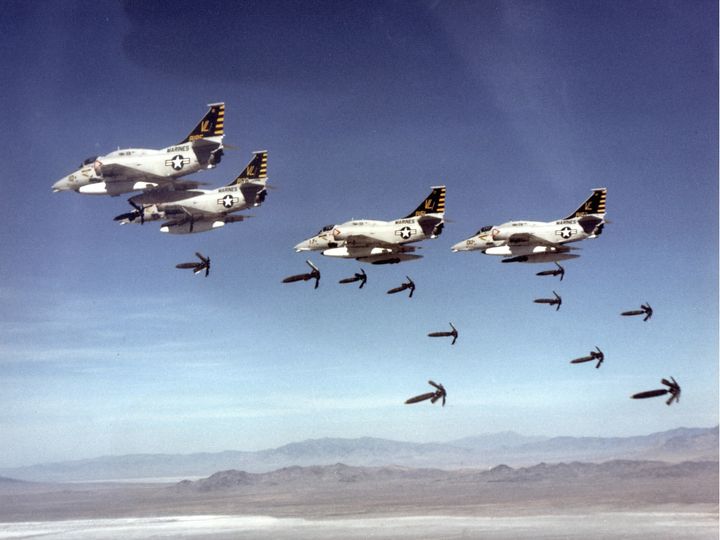 A-4M Skyhawks letting loose. Douglas A-4 Skyhawk (A4D prior to the 1962 standardization of service designations) a single-seat subsonic carrier-capable light attack aircraft.