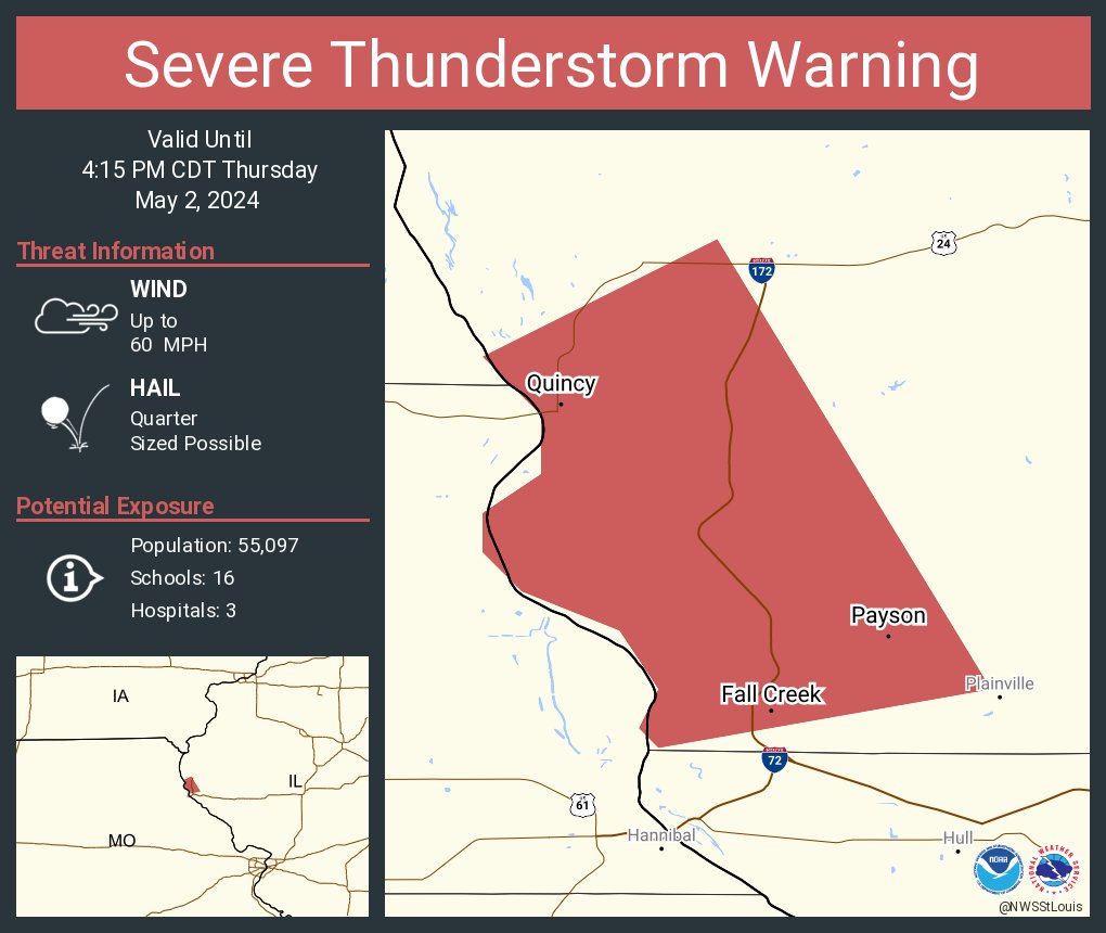 Severe Thunderstorm Warning including Quincy IL, Payson IL and Fall Creek IL until 4:15 PM CDT