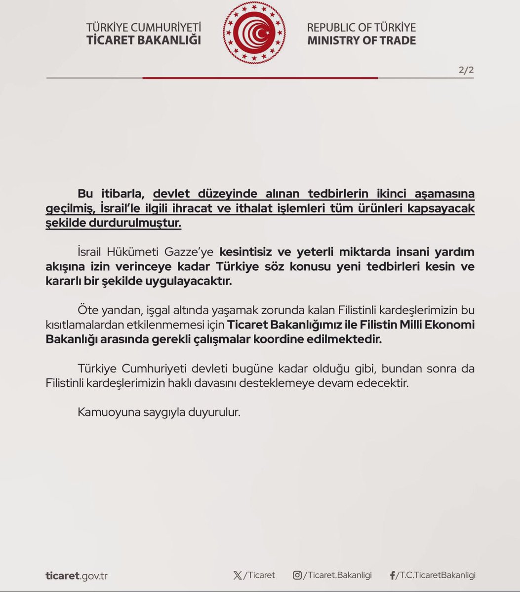 Türkiye İsrail ile tüm ticaretini durdurduğunu açıkladı 🇹🇷 👏🏼 👏🏼👏🏼