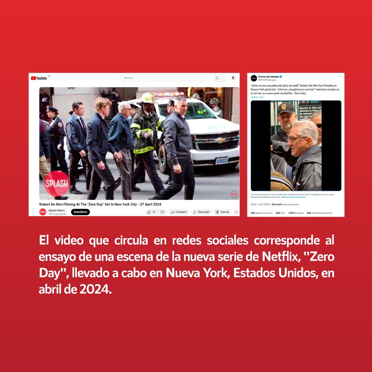 🚨#FakeNewsAlert

❌Falso que el actor #RobertDeNiro se confrontó contra manifestantes propalestinos en #EUA

✅El video corresponde a un ensayo de la nueva serie de #Netflix, '#ZeroDay' en Nueva York, Estados Unidos, en abril de 2024

➡Desmentido: infodemia.mx/entrada/5447