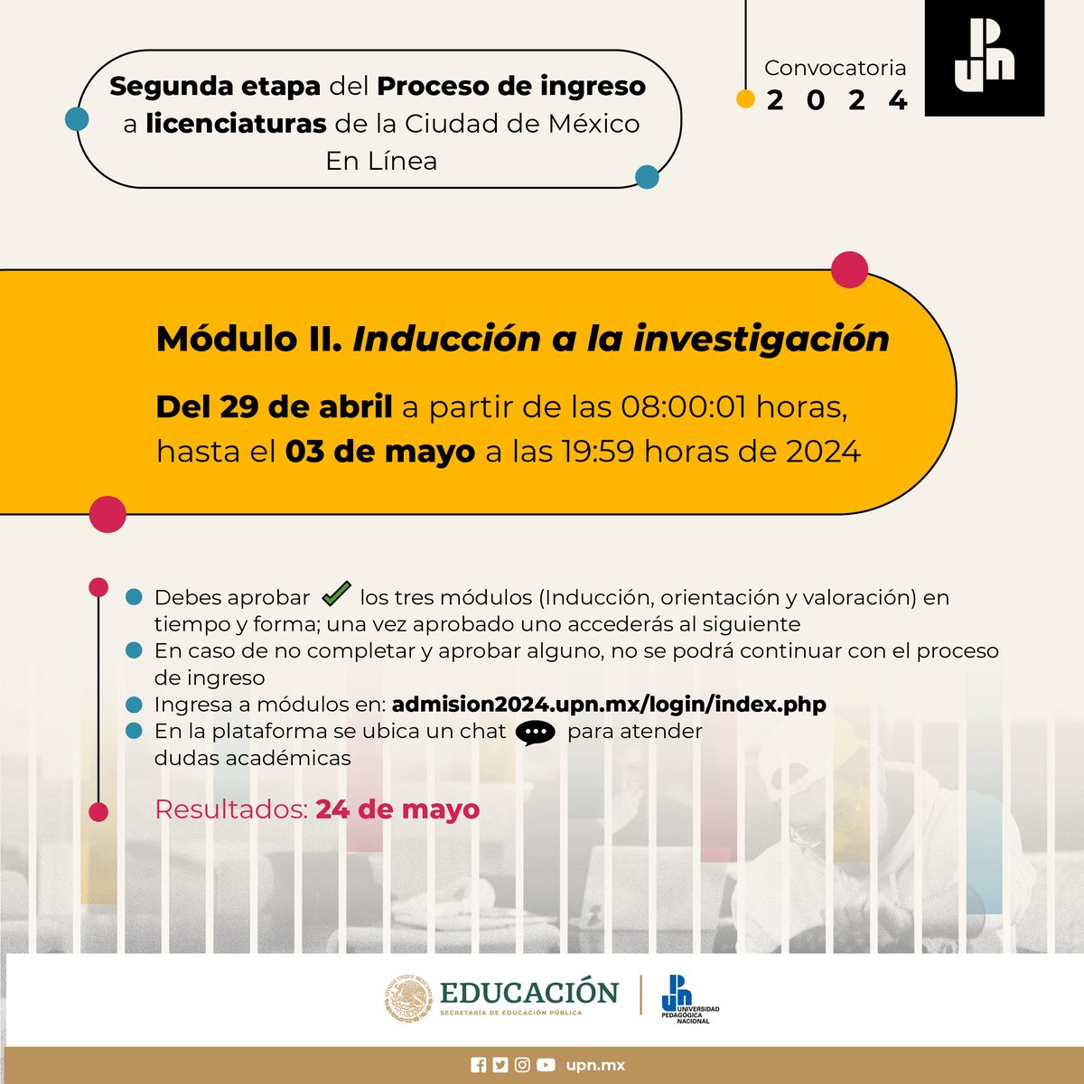 ⏳IMPORTANTE!!! 3 de mayo a las 19:59 horas vence el periodo para resolver el Módulo II. Inducción a la Investigación Ingresa a los módulos aquí👇 admision2024.upn.mx/login/index.php 💬En la plataforma hallarás un chat para inquietudes académicas ✅ Dudas👉 orientaingreso2024@upn.mx