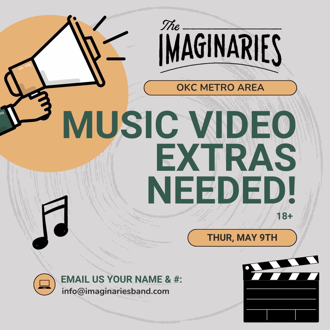Hey friends! We’re filming a music video next Thursday, May 9th in OKC for an upcoming new single and need extras for our band performance scene! If interested please email info@imaginariesband.com asap! 18+ // Thanks so much! 🙌🎶🎬 #musicvideo #casting #castingcall #extras