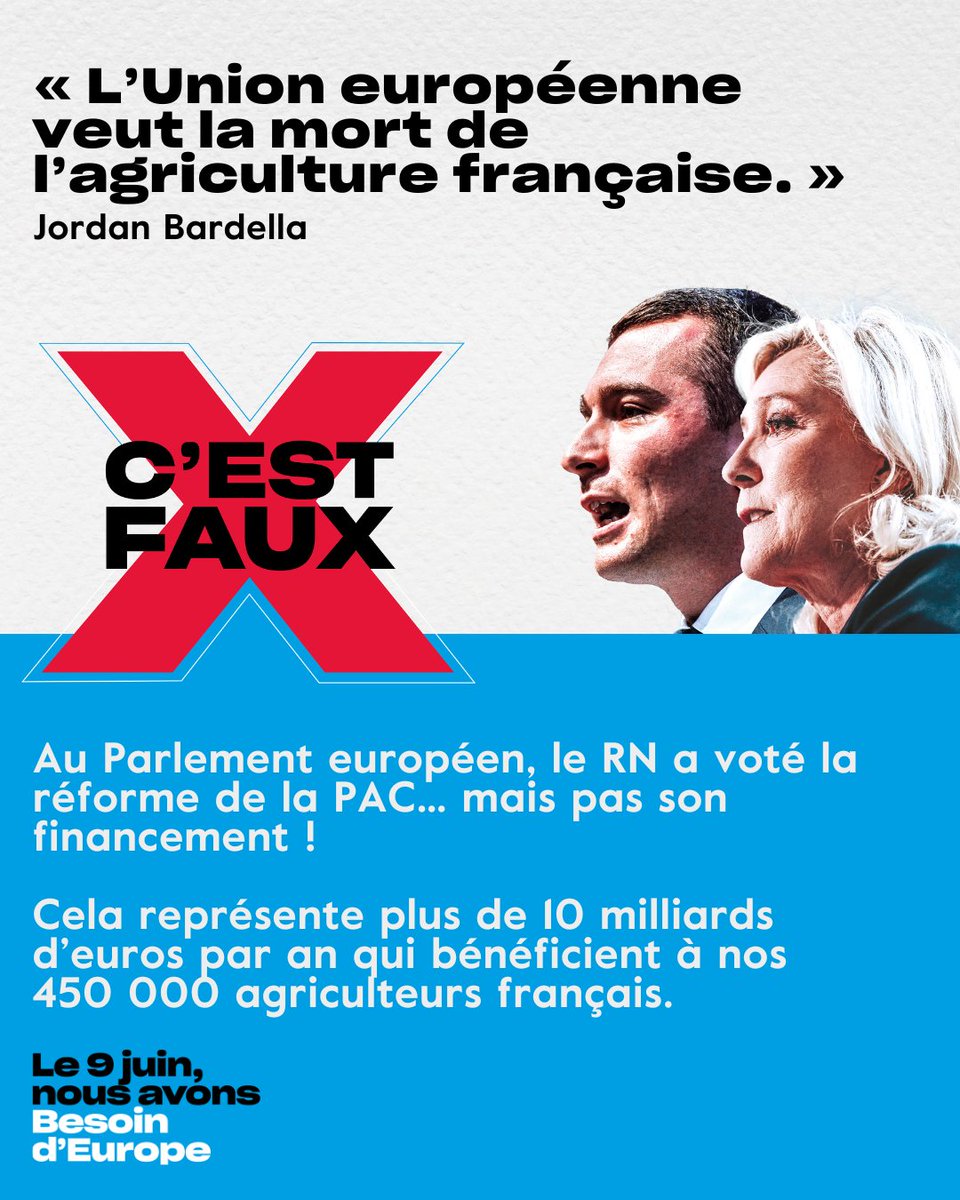 ❌ Non l'Union européenne ne veut pas la mort de l'agriculture française. ✅ Nous avons défendu une PAC qui permet de garantir les revenus des agriculteurs français. 🇫🇷🇪🇺 Nous portons un Egalim européen pour continuer à les soutenir. #debatBFMTV