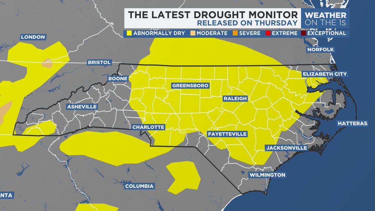As of this week's Drought Monitor, the area of Abnormally Dry conditions has increased... Much needed rain is on the way by the weekend. #SpectrumNews1 #ncwx #DroughtMonitor