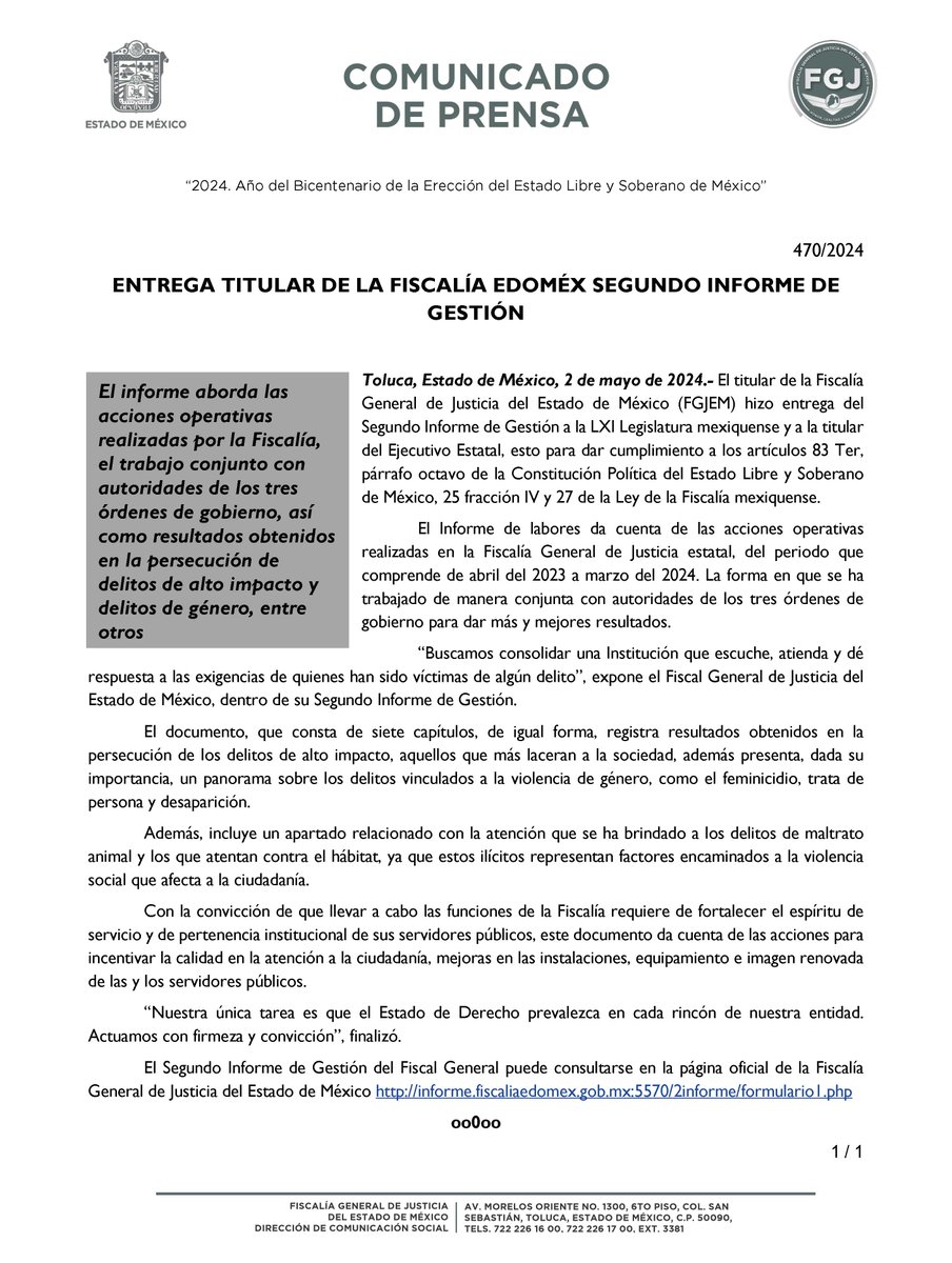 El titular de la @FiscaliaEdomex hizo entrega del Segundo Informe de Gestión a la LXI Legislatura mexiquense y a la titular del Ejecutivo Estatal, y con ello dio cumplimiento a los artículos 83 Ter, párrafo octavo de la Constitución Política del Estado Libre y Soberano de México,…