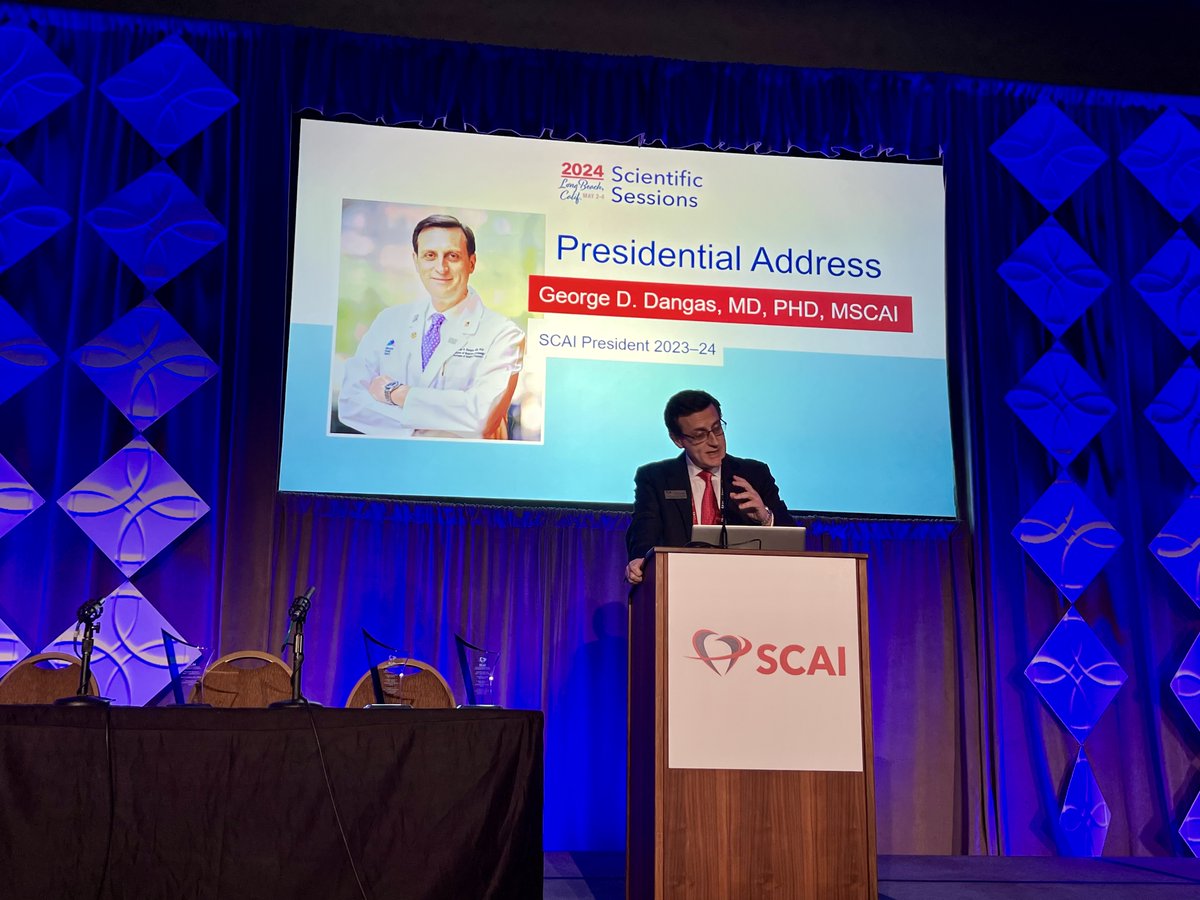 . @georgedangas, Outgoing SCAI President, gives his Presidential Address at #SCAI2024 and shares what's new at SCAI: ⭐Governance structure remodel ⭐Advocacy efforts ⭐#PulseOnPAD campaign And more!