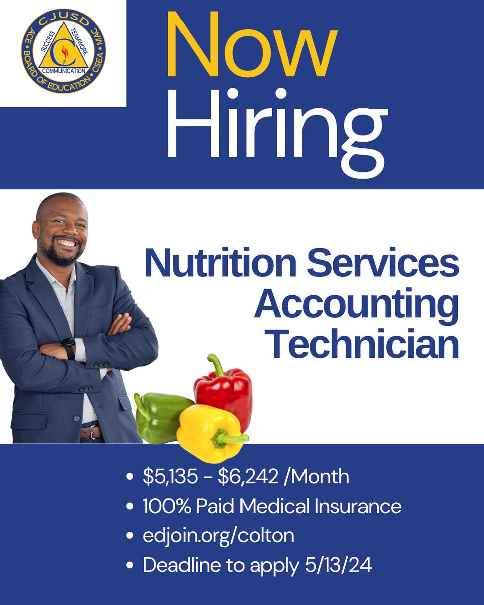 Join our #CJUSD team and help in managing the financial health of our Nutrition Services. We are seeking a detail-oriented Accounting Technician to oversee accounts payable and other key tracking. Apply today and help us continue to serve excellence in every meal!