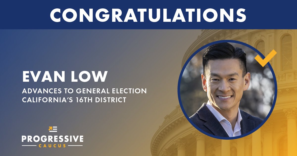 Congratulations @Evan_Low, the 5th of our 5 primary endorsed California candidates to advance to the general election! After a tie-finish in the top two primary followed by a recount, Evan came out ahead by 5 votes. Every vote matters!