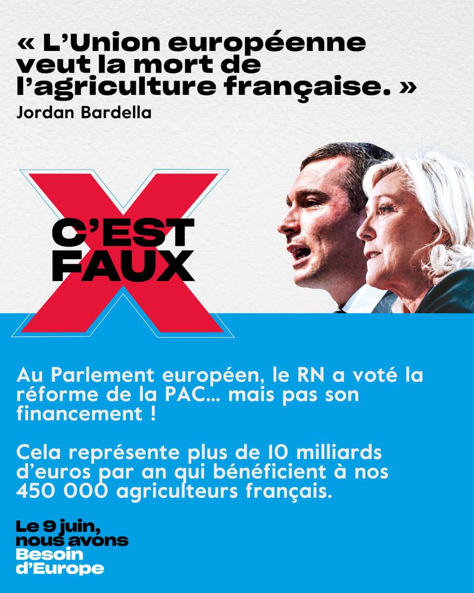 ❌ Non l'Union européenne ne veut pas la mort de l'agriculture française.

✅ Nous avons défendu une PAC qui permet de garantir les revenus des agriculteurs français.

 🇫🇷🇪🇺 Nous portons un Egalim européen pour continuer à les soutenir. #debatBFMTV #BesoinDEurope