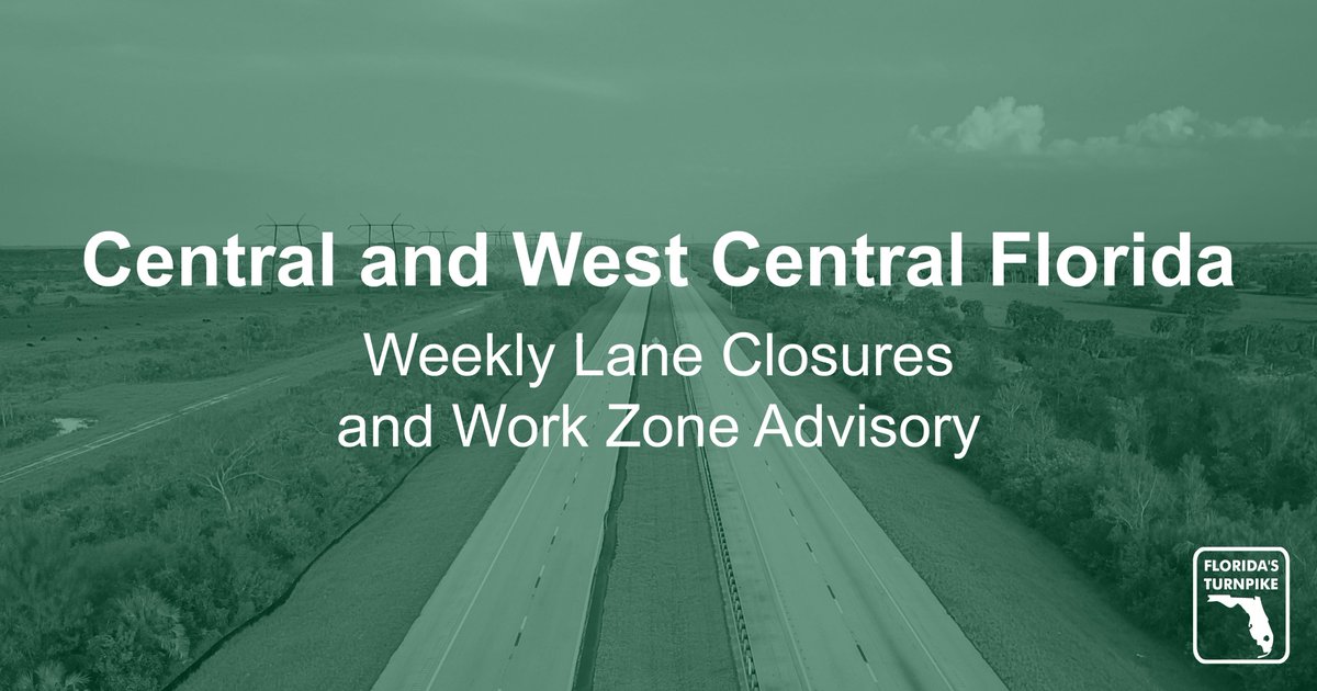 Florida’s Turnpike Enterprise announces lane closures and work zone information for construction and maintenance projects in Central and West Central Florida beginning Sunday, May 5. For more: bit.ly/3wfdjpz