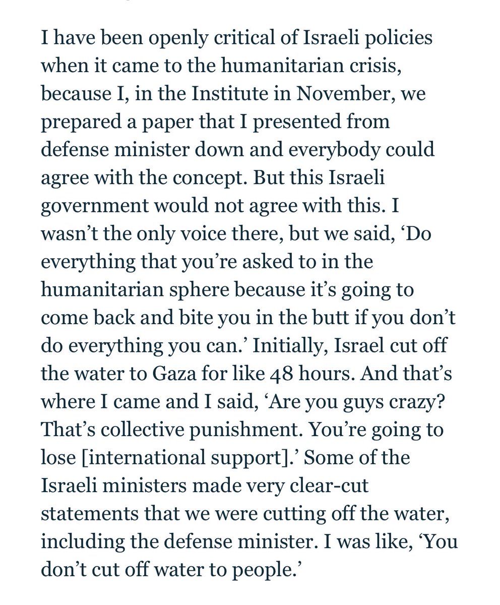 Striking detail in this interview with retired IDF intelligence colonel who runs an academic counterterrorism institute: when Israel cut off water to Gaza (on Oct 9), she recalls, “I said, ‘Are you guys crazy? That’s collective punishment.’” ctc.westpoint.edu/a-view-from-th…