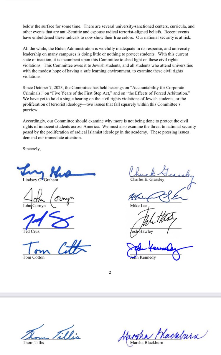 🚨📩 @SenJudiciaryGOP Republicans call on Chairman Durbin for action: Hold a hearing on the civil rights violations of Jewish students and terrorist ideology on college campuses