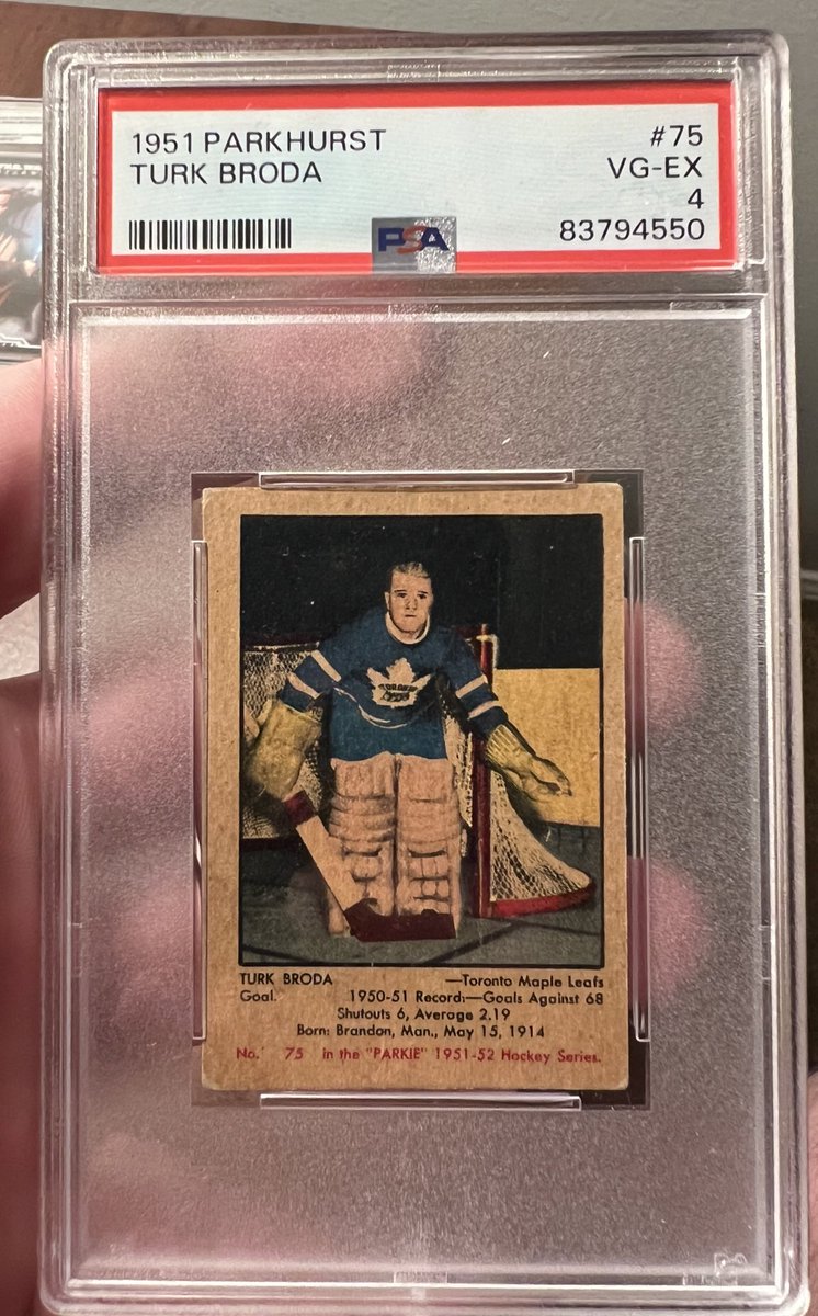 Oh Baby! Mail day! I’m always excited to add to my 1951 Parkie collection but adding Turk makes me very happy. One of the greatest @MapleLeafs of all time. Not the highest grade but great eye appeal. #NHL #hockey #hockeycards #parkhurst #thehobby