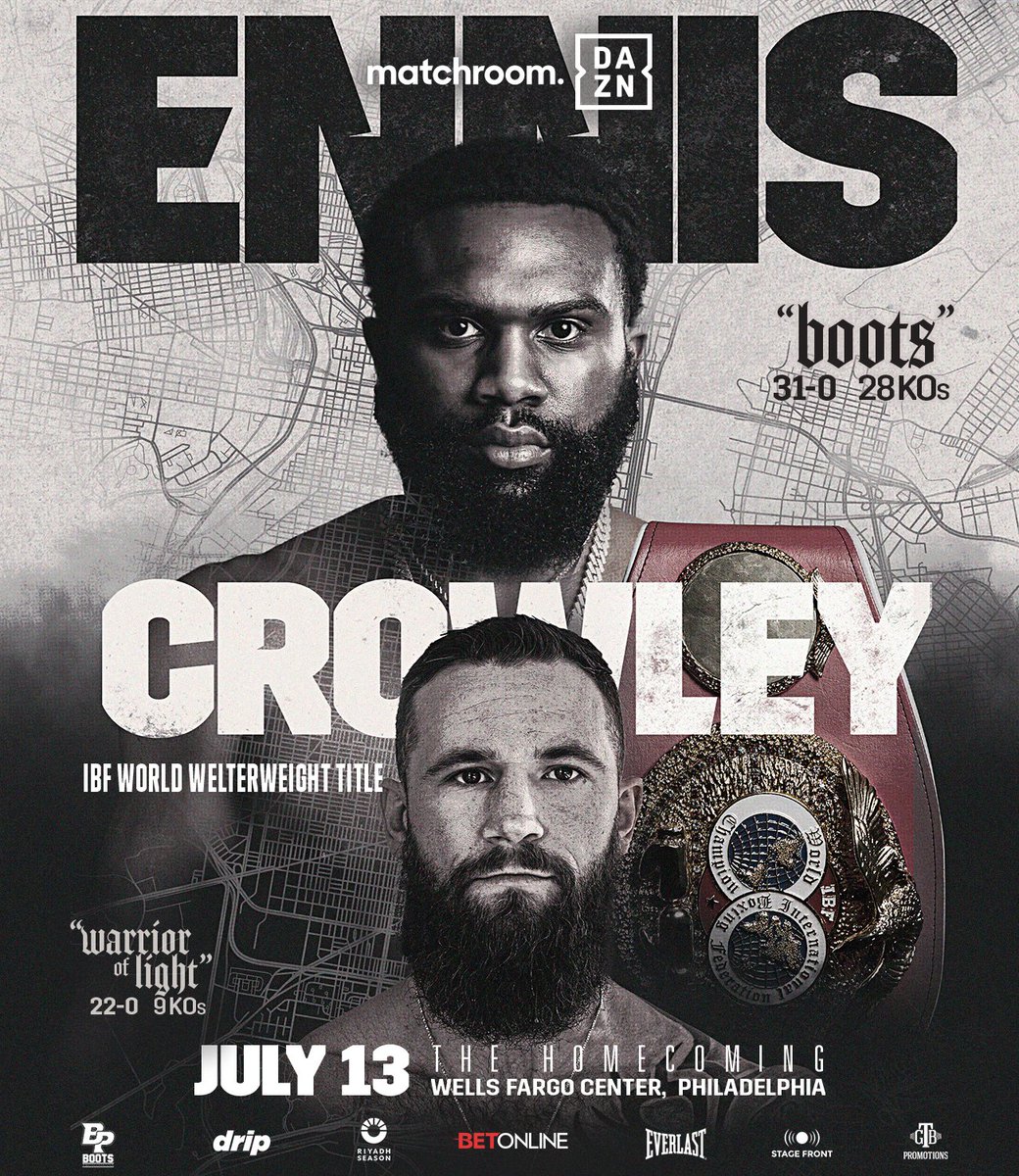 𝐓𝐇𝐄 𝐒𝐓𝐀𝐆𝐄 𝐈𝐒 𝐒𝐄𝐓 🥊🍿

Ennis ⚔️ Crowley LIVE on DAZN, July 13 💥

@JaronEnnis will defend his World Welterweight title against  @CodyCBoxing in Philadelphia!