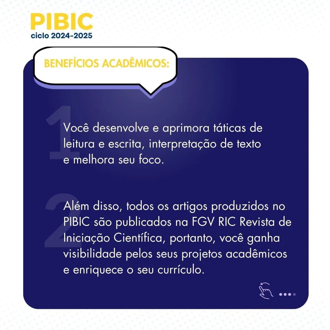 🎓 Quer ganhar uma bolsa de pesquisa remunerada? Participe do #PIBIC, o programa de iniciação científica da #FGVEAESP! Estudantes de graduação, não percam essa oportunidade! Inscrições abertas até 30/06/2024. Acesse agora: periodicos.fgv.br/ric/pibic 📚✨