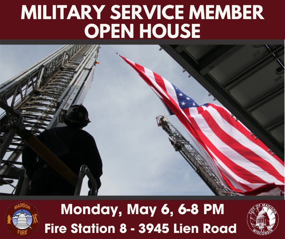 Are you a member of the U.S. military? Consider a career as a firefighter/EMT! It's a great way to serve your community while serving our country. Come to our Military Service Member Open House Monday, May 6 at Fire Station 8 (3945 Lien Road) to learn about a career with us!