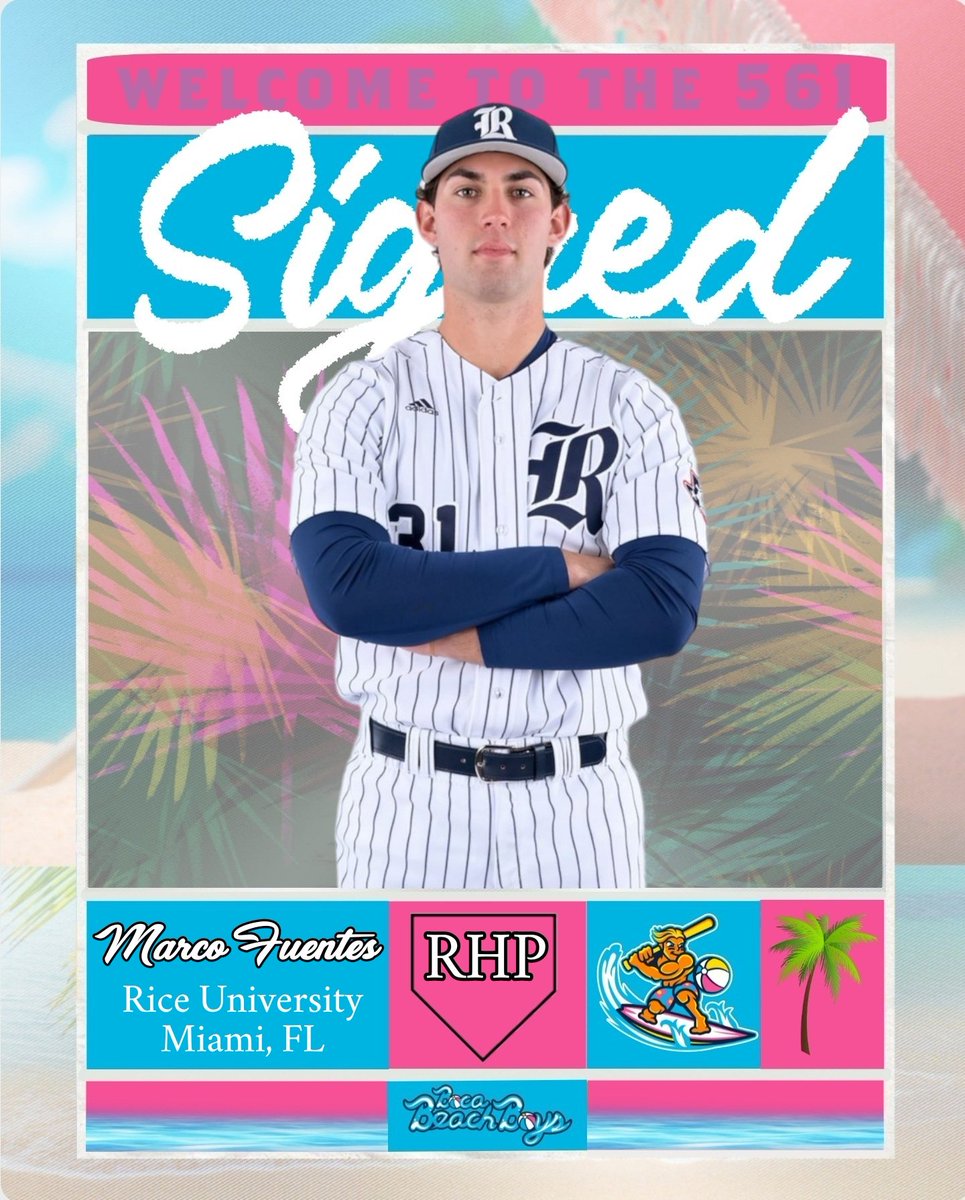 Announcing the next signee for the Boca Beach Boys! Marco Fuentes, RHP from Rice University. Excited to see Marco bring the heat all summer long! 🌴⚾️🏖 #beachboys #collegebaseball #southfloridacollegiateleague #bocaraton