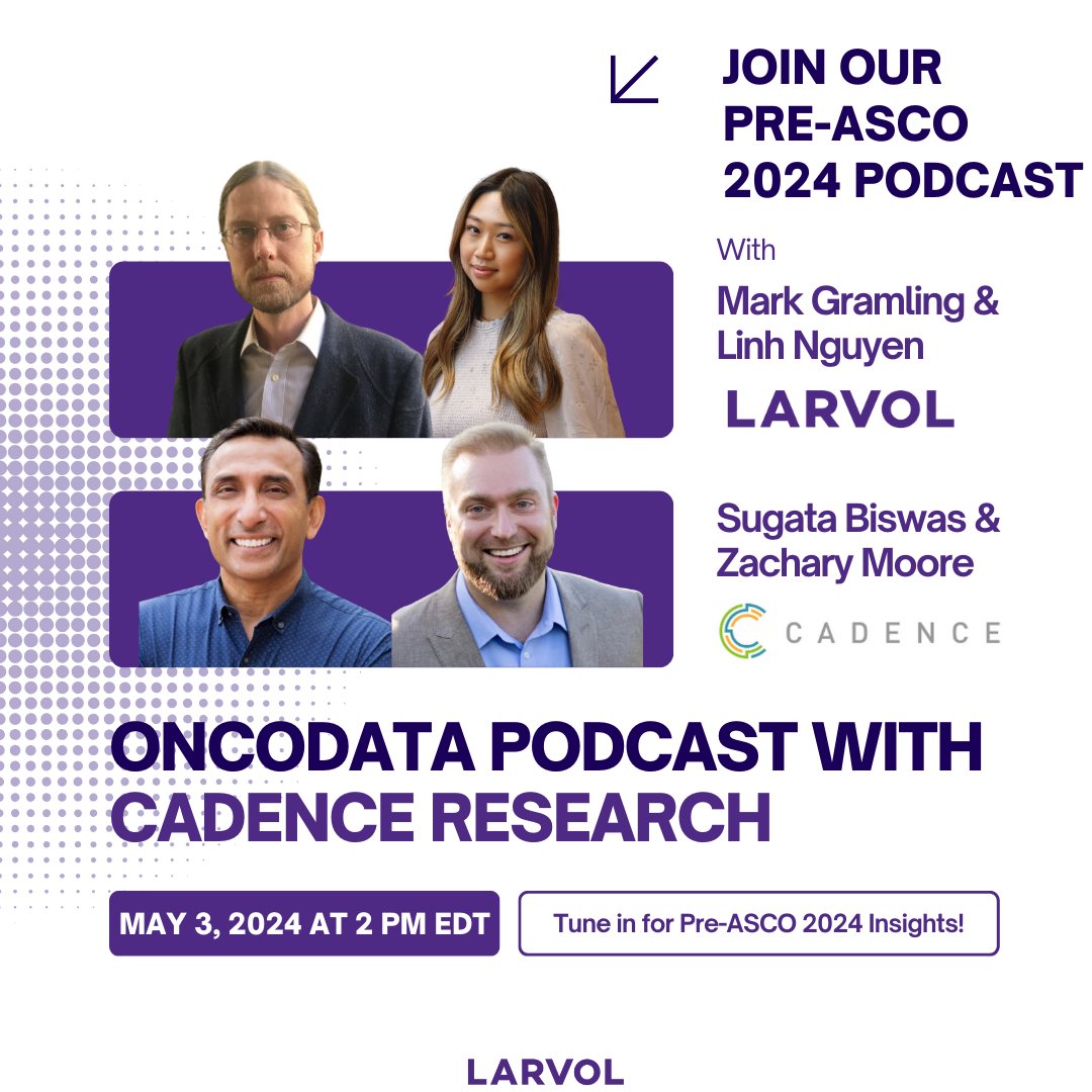 Join us for a Pre-@ASCO 2024 oncology data podcast where @Larvol's Mark Gramling and Linh Nguyen will engage in dialogue with Cadence's Zachary Moore and Sugata Biswas sharing valuable insights. Stay tuned for more updates! #ASCO24 #Larvol #Oncology #CancerResearch