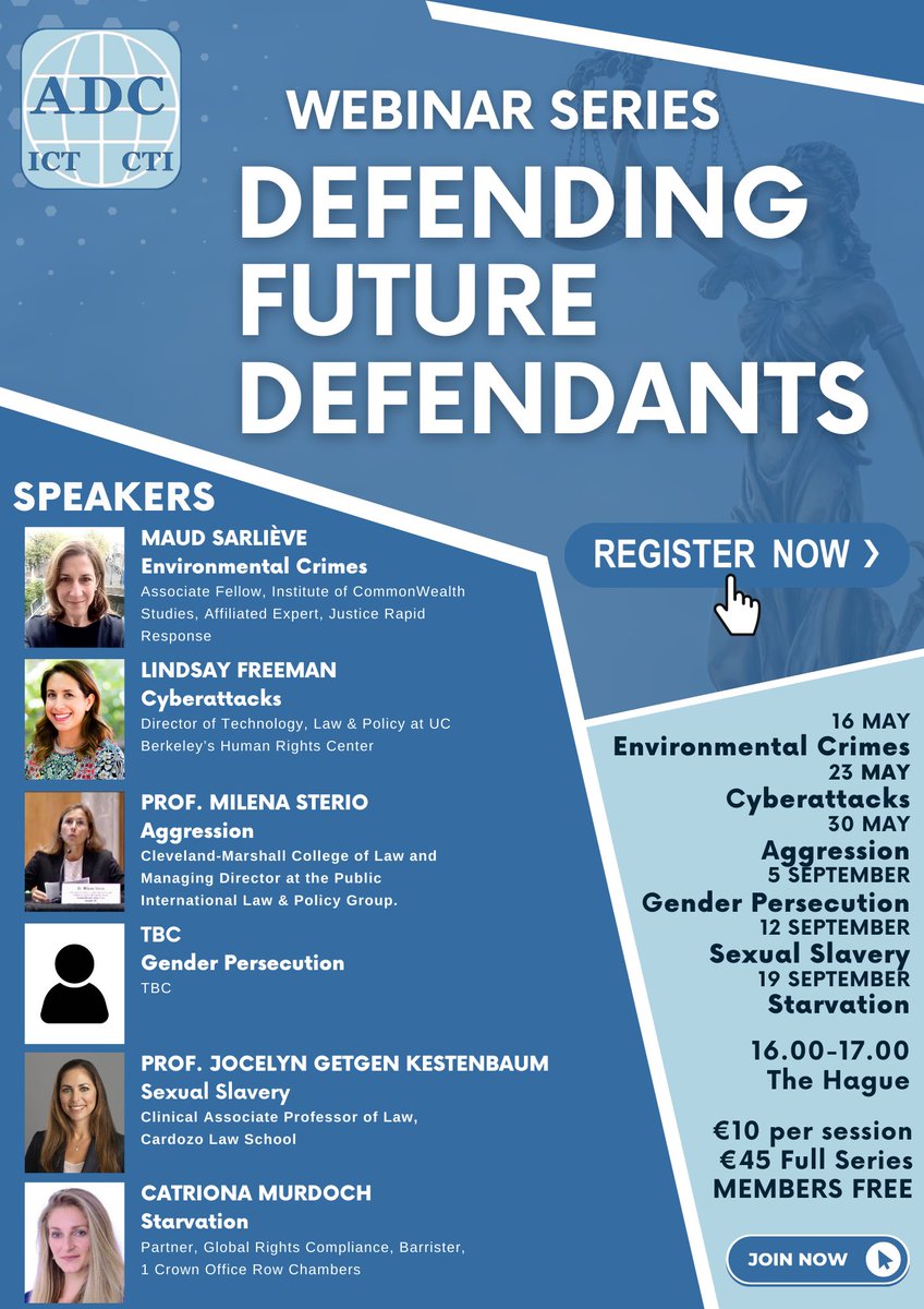 📣ADC-ICT Webinar Series: 'Defending Future Defendants'. Join us on 16 May for our first session focusing on #EnvironmentalCrimes with expert speaker Maud Sarliève. Don't miss out on this insightful discussion! Register now: adc-ict.org/advocacytraini… #webinar #legal #environment