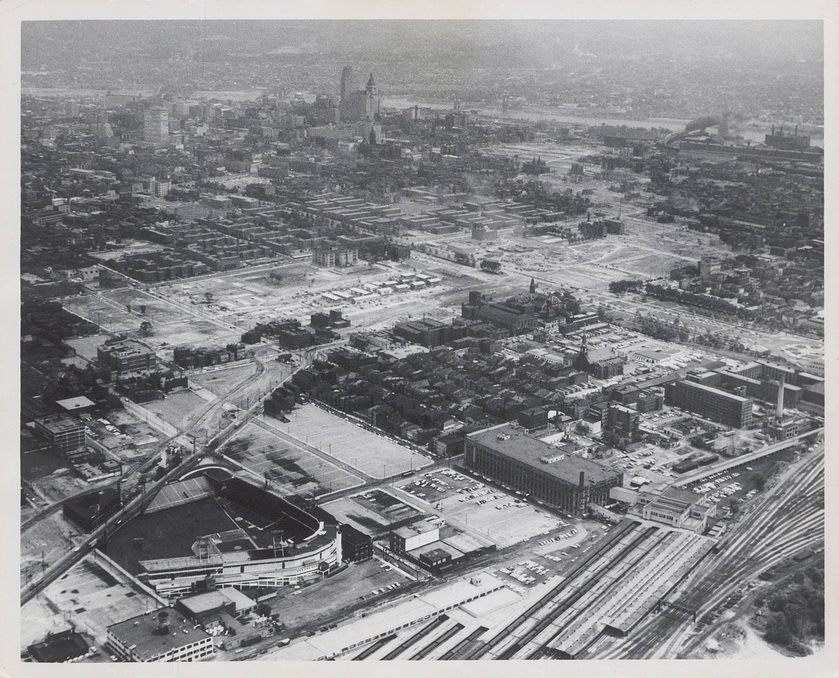 An Aerial View of the West End of Cincinnati and Crosley Field with I-75 under construction. June 1961. Everything on the right of the clearing on the upper righthand of the picture, the Lower West End, would be gone by mid 1964. From the Enquirer Archive at CHPL 📷 Bob Free