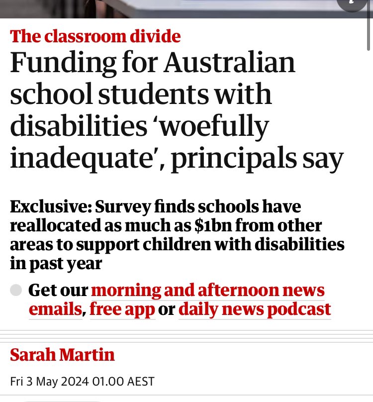 Massive government neglect👇🏾 ‘Principals and teachers say funding to support students with disabilities is “woefully inadequate”, with schools diverting resources from other areas of their budgets to meet their needs.’ #ForEveryChild theguardian.com/australia-news…