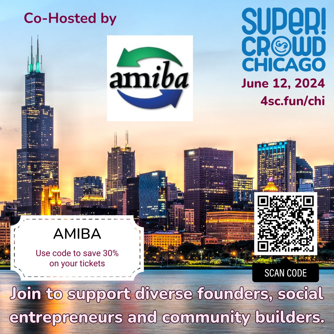 Excited to announce #SuperCrowdChicago on June 12th! Learn from industry experts and network with fellow investors. Use code AMIBA for 30% off your registration.

Get your tickets: thesupercrowd.com/chicago

@theAMIBA

#ImpactCrowdfunding #DiverseFounders #SocialEntrepreneurs