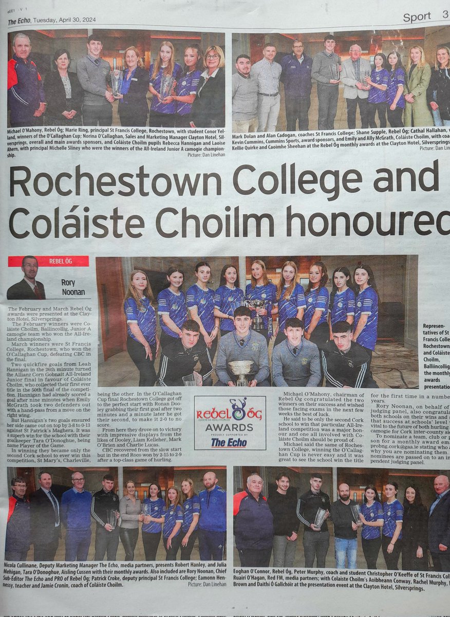Well done to Rocheston College and Colaiste Cholim, Rebel Og monthly winners for March and April with presentation at Clayton Silversprings Hotel.