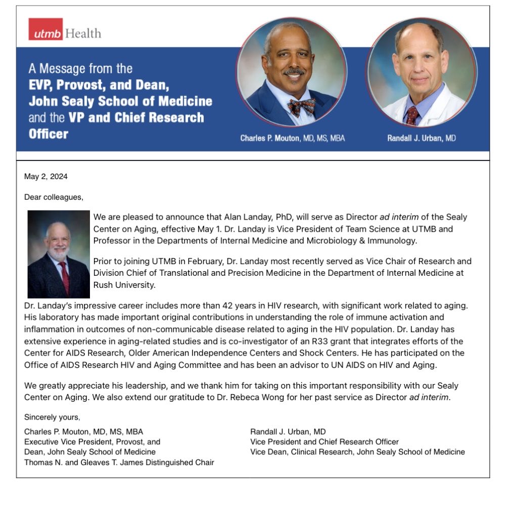 Congrats to our renowned VP Team Science, Dr. Alan Landay who is in addition taking on the role of Director ad interim of the Sealy Center on Aging ⁦@utmbhealth⁩ 🎈