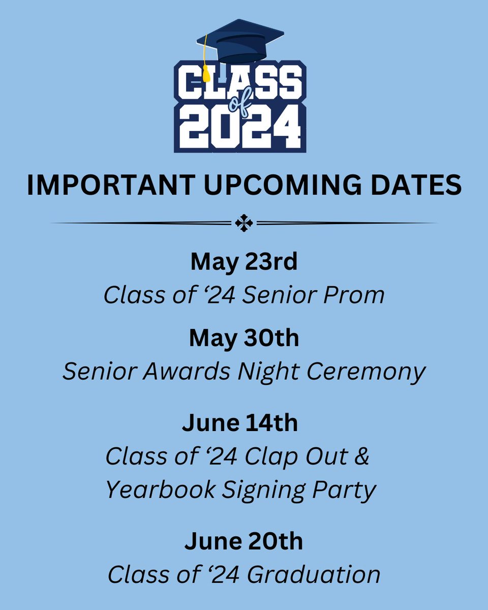 IMPORTANT UPCOMING DATES FOR THE CLASS OF 2024 🎓 Click the link below to read important message for all graduating seniors from Principal Guerrero. Click here: tinyurl.com/yvxrj3xp