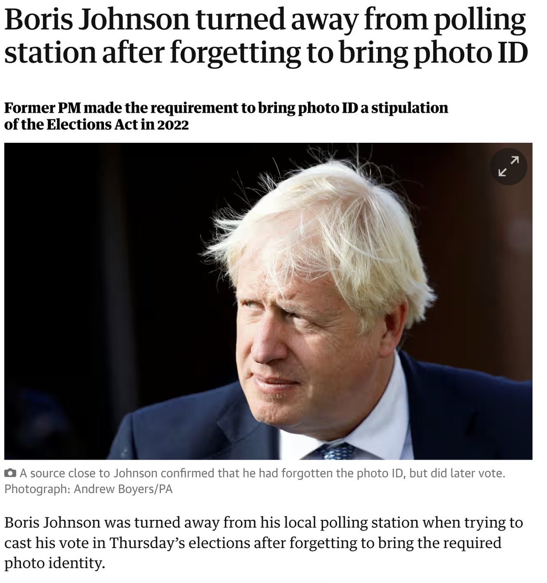 As Prime Minister of the UK, he introduced the requirement for people to show ID to vote and then did not bring ID to vote. This man should never be allowed anywhere near a position of power! theguardian.com/uk-news/articl…