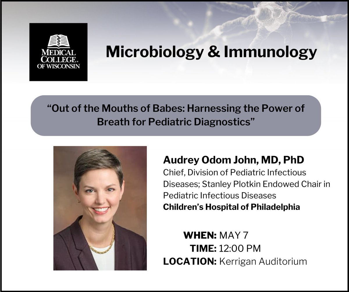 TOMORROW @ NOON

Join @MCWmicrobiology for their seminar by visiting physician @odomjohnlab (@CHOP_ID) presenting: “Out of the Mouths of Babes: Harnessing the Power of Breath for Pediatric Diagnostics”!

🚼😮‍💨🫁