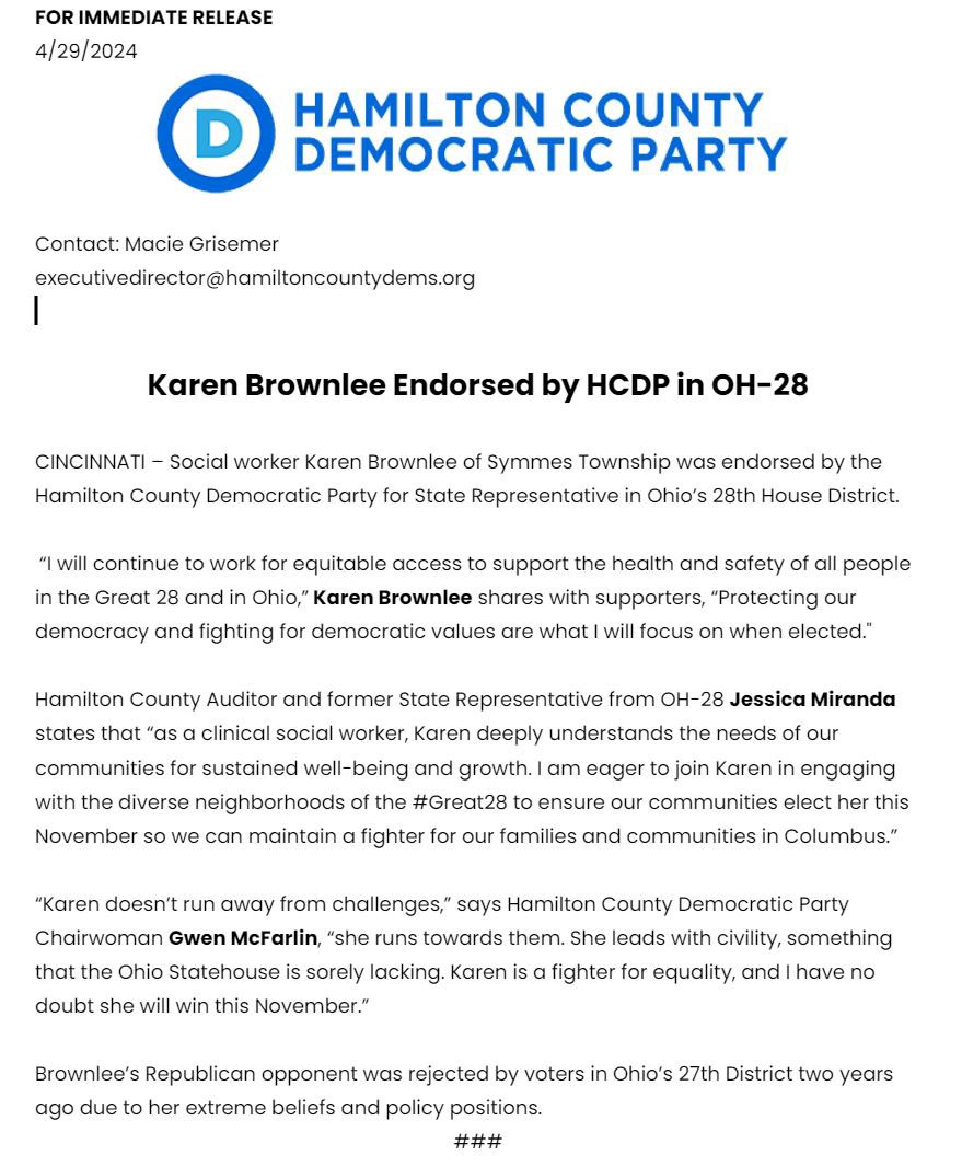 🚨News: Karen Brownlee is our endorsed candidate for Ohio House of Representatives, District 28 formerly held by Jessica Miranda. Karen is a pro-choice Mom who will represent our values in Columbus!