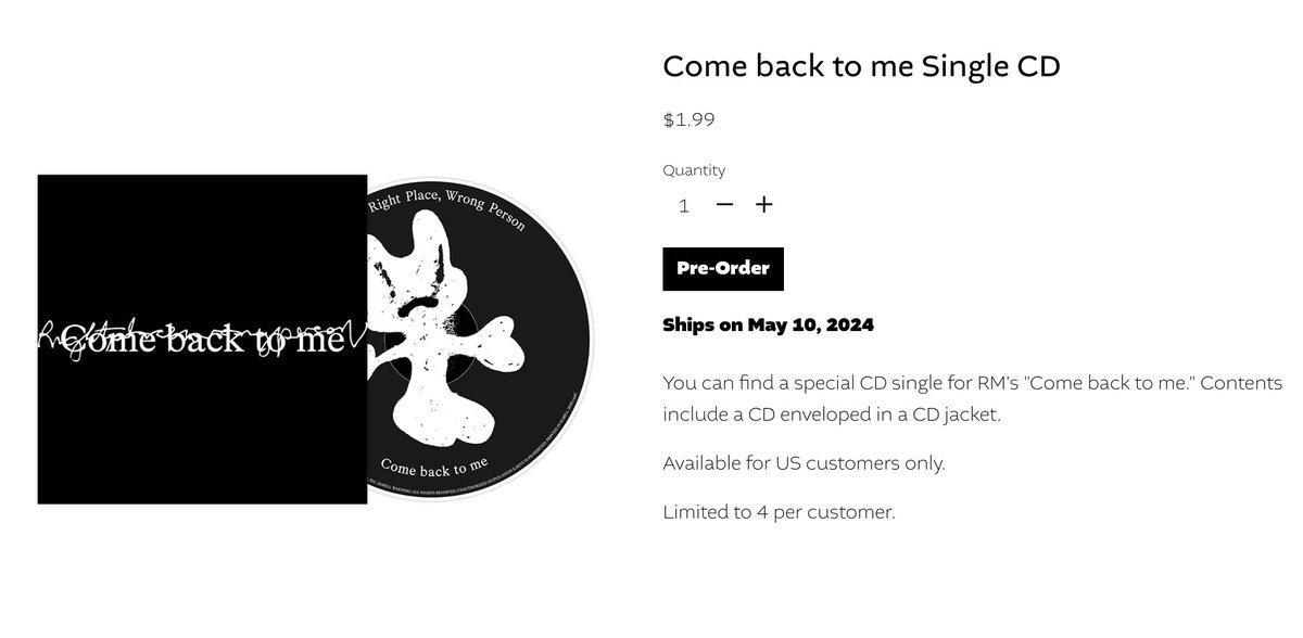 RM 'Come back to me' Single CD is back in stock on @BTS_twt US store shop.bts-official.us/collections/ri…