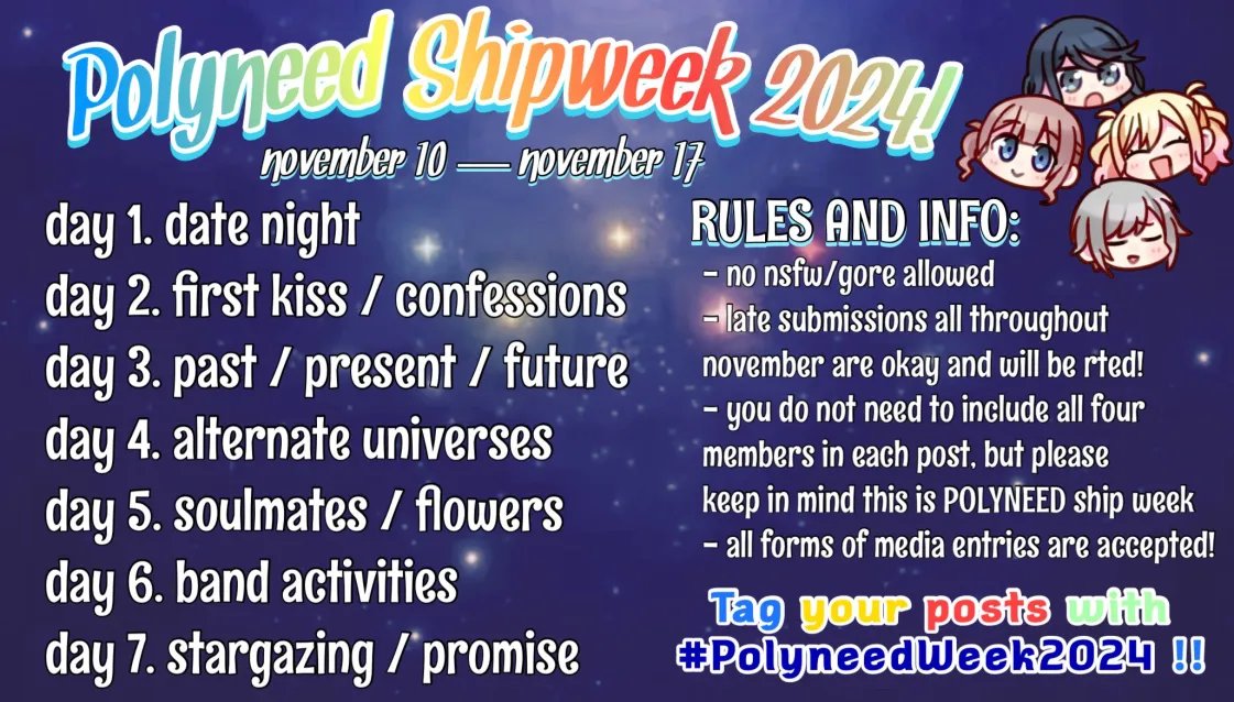 daily polyneed is thrilled to announce we are hosting the first ever polyneed shipweek! 

#PolyneedWeek2024 will be held from november 10 - november 17 (ending the day the leonids peak)! read the prompts/information below and mark the date on your calendar!