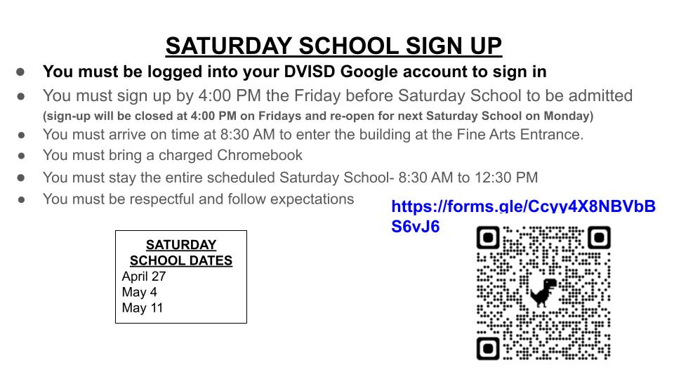 There are only 2 Saturday School days remaining, sign up if you need the credit hours!