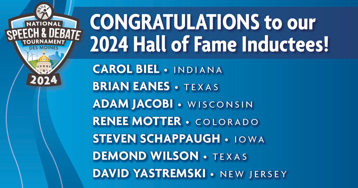 We are thrilled to announce our new inductees into the National Speech & Debate Association Hall of Fame! 🎉 Congratulations to these incredible coaches! We can't wait to celebrate you at the 2024 National Tournament.