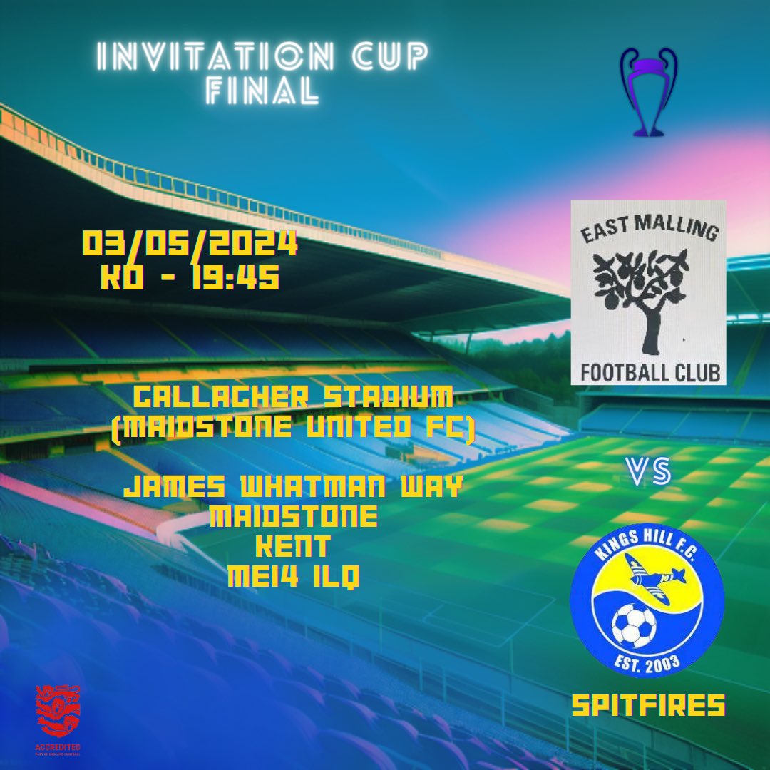 Invitation Cup Final Our Spitfires are in action tomorrow night at the Gallagher Stadium against East Malling Reserves (7:45pm KO) If you’re looking for something to do tomorrow night then head down to the Gallagher to support our lads 🟡🔵