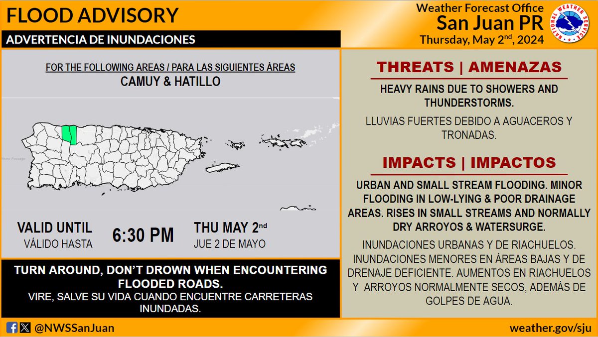 ⚠️CAMUY, HATILLO⚠️ Urban and Small Stream Flood Advisory. | Advertencia de Inundaciones Urbanas y de Riachuelos. Until | Hasta 6:30 PM AST MAY 2nd. #PRwx