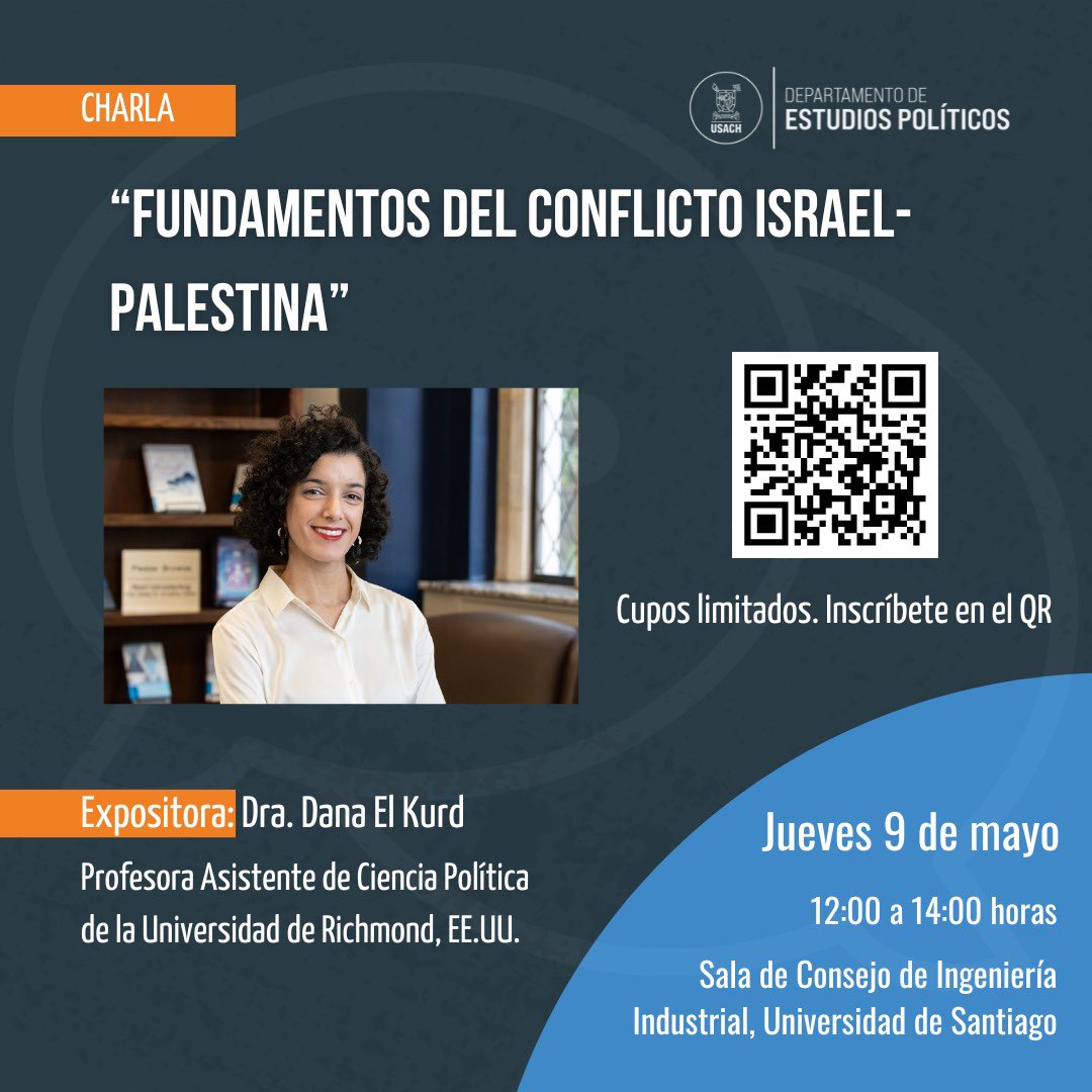 CHARLA | La Dra. Dana EL Kurd, nos acompañará la próxima semana para conversar sobre el conflicto Israelí-Palestino. La Académica nos guiará a través de las complejidades del conflicto. 🖊️Inscríbete en los enlaces disponibles en la publicación del día que quieras asistir.