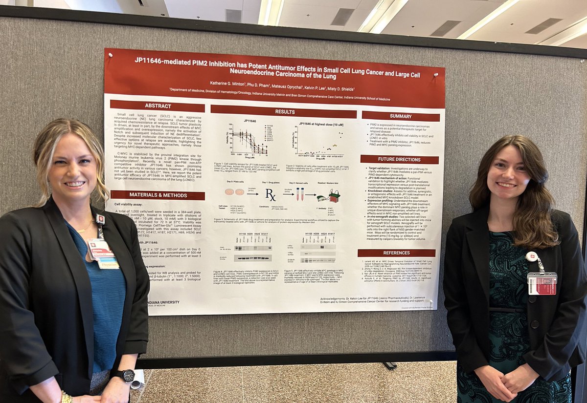 Proud of our @TheShieldsLab member, Katie Minton, with a successful poster presentation today @IUCancerCenter #CancerResearchDay on an exciting novel therapy that is pre-clinically effective in MYC amplified #SCLC.

#ResearchCuresCancer #LCSM #nothingsmallaboutit @SclcSMASHERS