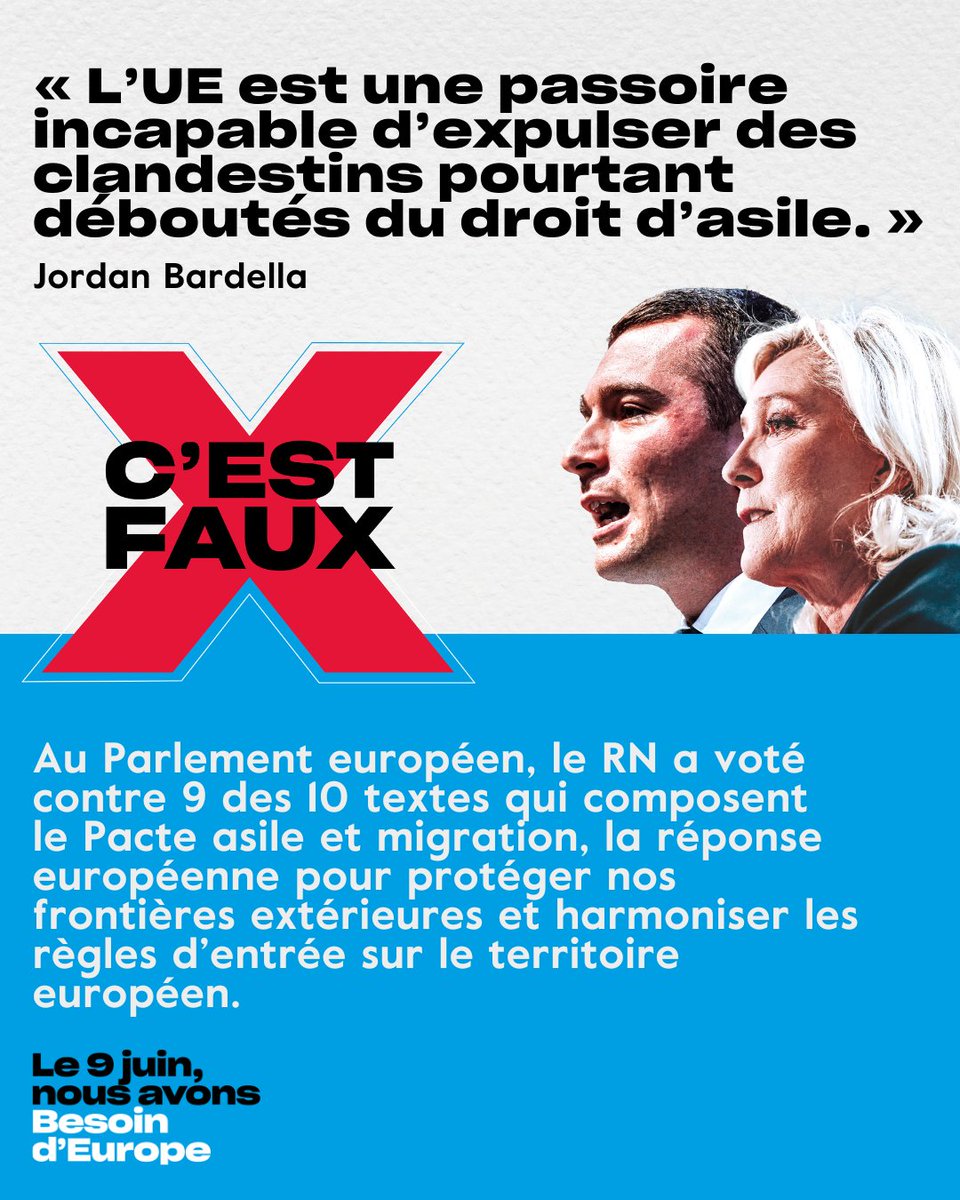 ❌ Jordan Bardella se présente comme le premier défenseur contre l'immigration clandestine. Pourtant, au Parlement européen, le RN n’a pas voté le Pacte asile et migration pour protéger nos frontières extérieures. #BesoindEurope #debatBFMTV