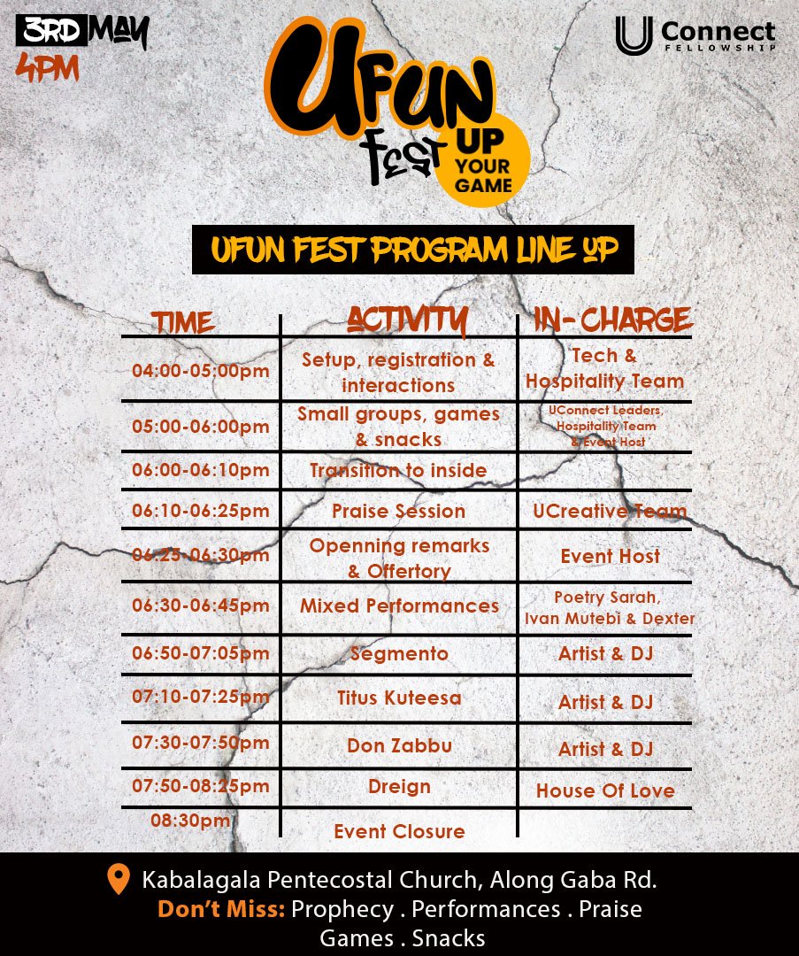 One more night to the #UFunFest24, this is our schedule for tomorrow. We can't wait to see you. #UpYourGame 

@_churchlaughs @Christculture20 @SRVictor256 @JosephElshaddai