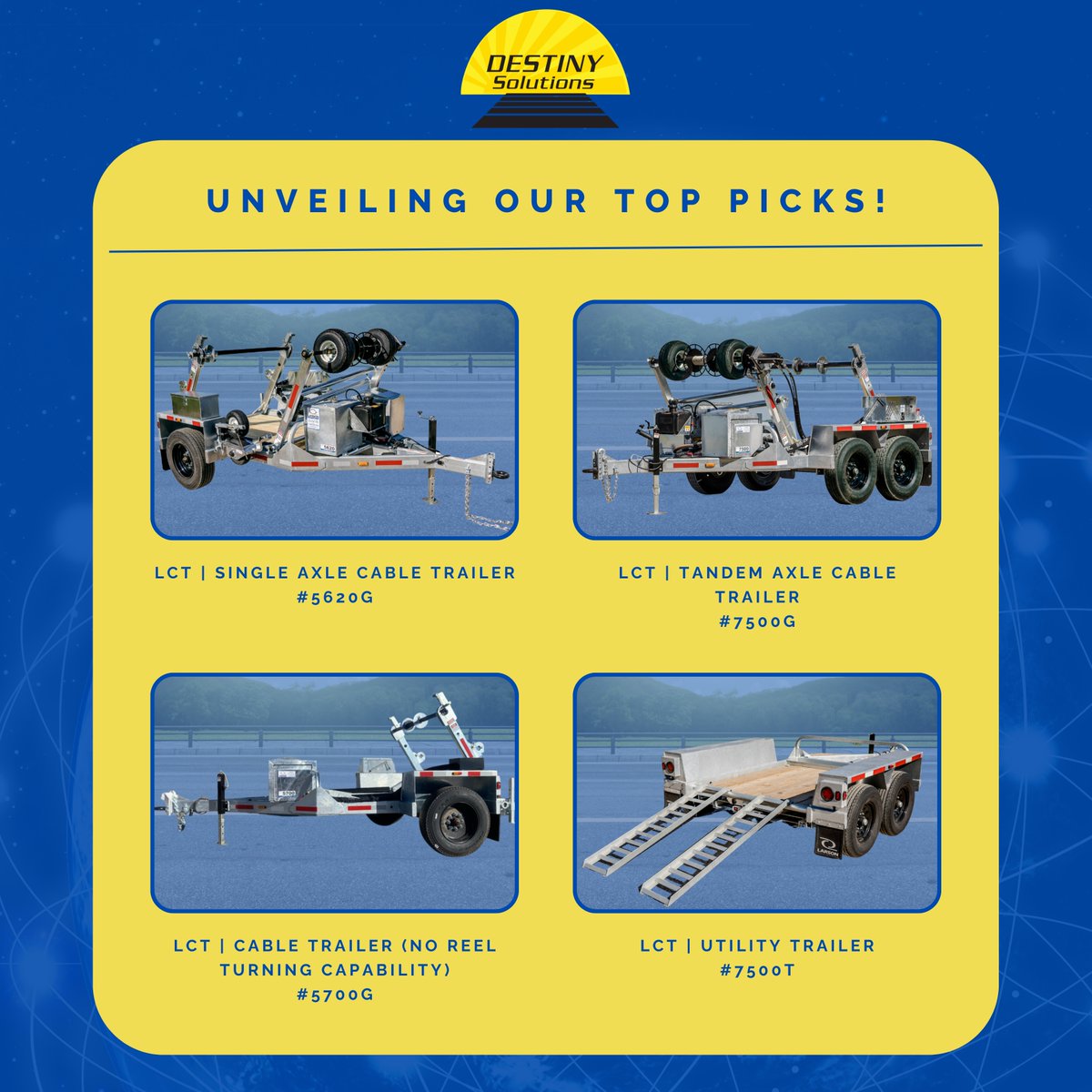 Our top Larson Cable Trailer picks! 

Learn More 👉  bit.ly/LarsonTrailers

Need Financing? Click to learn more 👇
bit.ly/DestinyFinanci…

#DestinySolutions #OneStopTelecomShop #ReelTrailer #CableTrailer #LarsonTrailers #CableReelTrailer #Telecommunications #FiberOptic