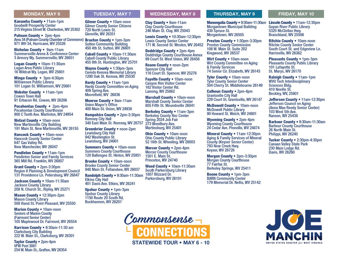 I’m proud to host my annual Commonsense Connections next week, giving West Virginians the opportunity to meet with my staff for assistance with federal or state agencies in all 55 counties! Find out when my staff will be in your county in the graphics below.